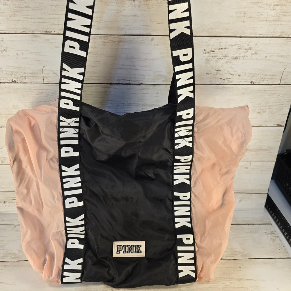 Pink Victoria's Secret Nylon Tote‎ Bag Black Peach Logo Strap 11125387
